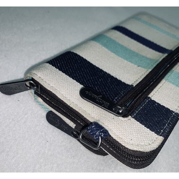 Thirty-One 31 Wallet Three Zipper Blues Denim-look Stripes Canvas Twill READ - Picture 7 of 10